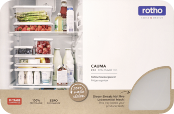 Opakowanie organizera Rotho Cauma do lodówki, biało-brązowe, z wizualizacją lodówki i tekstem 'fridge organizer'.