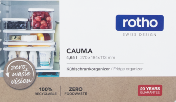 Przezroczysty organizer Rotho Cauma 4,65L w lodówce, widoczne owoce i nabiał. Obok logo i wymiary.