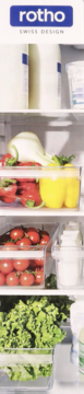 Przezroczysty organizer Rotho Loft Cooling 1.6L w lodówce, wypełniony świeżymi warzywami i nabiałem.