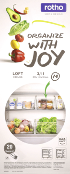 Opakowanie organizera Rotho Loft Cooling 3,1l do lodówki, z warzywami i hasłem "Organizuj z Radością".