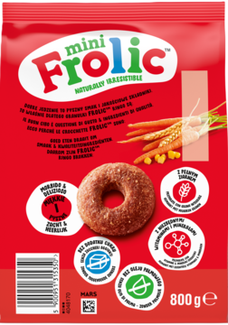 Czerwone opakowanie karmy Frolic Mini dla małych ras z wołowiną 800g, z widocznym ringiem karmy i warzywami.