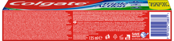 Tył opakowania pasty Colgate Triple Action z instrukcjami, składem i kodem kreskowym na czerwonym tle.