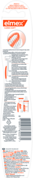 Tył opakowania szczoteczki Elmex CARE SOFT z opisem funkcji miękkich włókien i kodem kreskowym.