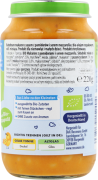 Tył słoiczka Babydream Makaron z pomidorami i mozzarellą BIO, 8m+, z opisem składu i certyfikacją.