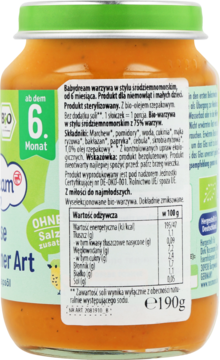 Tył słoiczka Babydream, danie warzywne BIO od 6. miesiąca, 190g, z etykietą bez dodatku soli, widoczny skład.