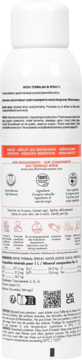 Tył białej butelki wody termalnej Avène w sprayu, z informacjami o składnikach, logo i kodem QR.