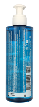 Niebieska butelka żelu La Roche-Posay Effaclar do twarzy i ciała z pompką, tył z etykietą i kodem QR.