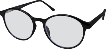 Czarne okulary do czytania z filtrem Blue Block, mocy +1.0, okrągłe oprawki, widok pod kątem z przodu.