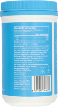 Tył opakowania Vital Proteins Collagen Peptides w białym pojemniku z niebieskim wieczkiem, z polską etykietą i kodem kreskowym.