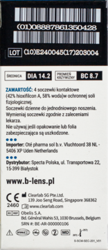 Tył opakowania soczewek kontaktowych B-Lens Daily: białe pudełko z kodem, danymi DIA 14.2, BC 8.7.