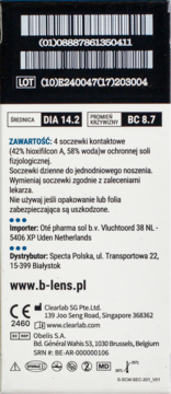 Tył opakowania soczewek B-Lens Daily. Widoczne dane: DIA 14.2, BC 8.7, 4 soczewki, kody EAN.