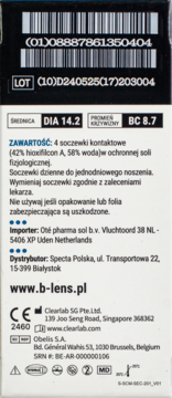 Tył białego opakowania soczewek B-Lens Daily (4 szt.). Widoczne czarne kody kreskowe, DIA 14.2 i BC 8.7.