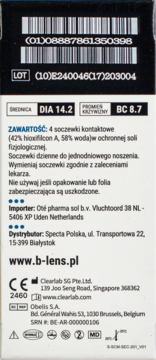 Tył opakowania B-Lens Daily, 4 szt. soczewek kontaktowych, biało-czarne pudełko z polskim opisem.
