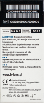 Biały tył opakowania soczewek B-Lens Daily, z czarnymi napisami, pokazujący skład, DIA 14.2, BC 8.7.