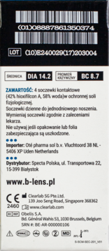 Tył opakowania soczewek B-Lens Daily. Widoczny opis produktu, dane techniczne DIA 14.2, BC 8.7 i kody kreskowe.