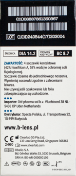 Tył opakowania soczewek B-Lens Daily, białe i czarne obszary. Widoczne DIA 14.2, BC 8.7, skład, kody kreskowe.