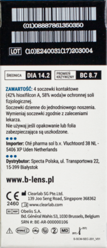 Tył pudełka B-Lens Daily, soczewki dzienne (4 szt.), DIA 14.2, BC 8.7, z kodami i opisem składu.