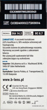 Tył opakowania soczewek B-Lens Daily, widoczne kody kreskowe, dane techniczne DIA 14.2, BC 8.7 i importer.