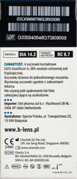 Tył białego opakowania soczewek B-Lens Daily z 4 szt. soczewek, widoczne parametry DIA 14.2 i BC 8.7.