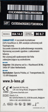 Tył biało-niebieskiego opakowania soczewek B-Lens Daily, z danymi DIA 14.2, BC 8.7, kodami kreskowymi i opisem.