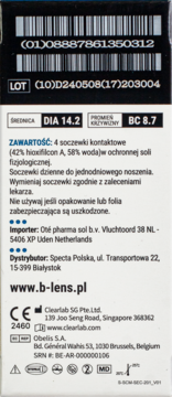 Tył opakowania soczewek B-Lens Daily z polskimi napisami: 4 szt., DIA 14.2, BC 8.7, skład i kod kreskowy.