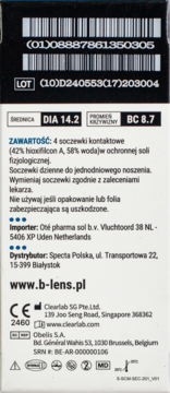 Tył opakowania soczewek B-Lens Daily, z danymi DIA 14.2, BC 8.7, kodami kreskowymi i informacją o 4 soczewkach dziennych.