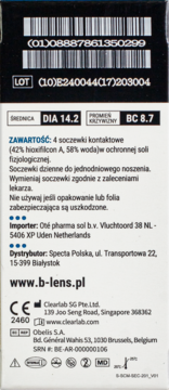 Tył białego opakowania jednodniowych soczewek B-Lens Daily, z kodami, LOT, DIA 14.2, BC 8.7 i opisem.