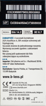 Tył czarno-białego opakowania soczewek B-Lens Daily, 4 sztuki, DIA 14.2, BC 8.7, dzienne.