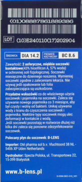 Tył opakowania miesięcznych soczewek B-lens Bio. Ciemnoniebieskie, z parametrami DIA 14.2, BC 8.6 i danymi producenta.