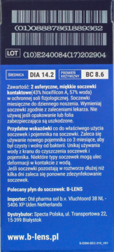 Tył niebieskiego opakowania soczewek B-lens Bio z kodem kreskowym, średnicą DIA 14.2 i polskim opisem.