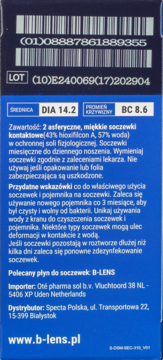 Tył niebieskiego opakowania miesięcznych soczewek kontaktowych B-lens, z kodem, parametrami i opisem.