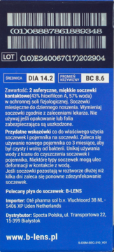 Tył niebieskiego opakowania miesięcznych soczewek B-lens Bio, z białym tekstem, kodami kreskowymi, DIA 14.2 i BC 8.6.