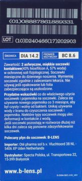 Tył granatowego opakowania miesięcznych soczewek B-lens Bio (2 szt.) z kodami, DIA 14.2, BC 8.6 i opisem.