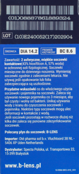 Niebieski tył opakowania miesięcznych soczewek kontaktowych B-lens Bio z danymi DIA 14.2 i BC 8.6.