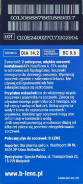 Tył niebieskiego opakowania miesięcznych, asferycznych soczewek kontaktowych B-lens Bio z danymi i opisem.
