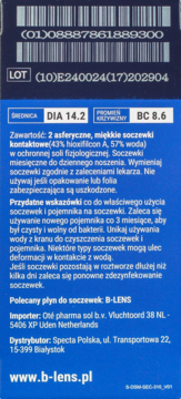 Tył niebieskiego opakowania soczewek miesięcznych B-lens Bio z kodem kreskowym i specyfikacjami: DIA 14.2, BC 8.6.