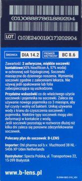Tył niebieskiego opakowania miesięcznych soczewek B-lens Bio z kodem kreskowym, danymi DIA 14.2 i BC 8.6.