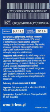 Tył niebieskiego opakowania miesięcznych soczewek B-lens Bio, widoczny biały tekst, kody kreskowe, DIA 14.2, BC 8.6.