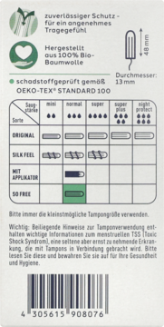 Tył opakowania tamponów Facelle z tabelą absorpcji, kodem kreskowym, informacją o 100% bawełnie bio i OEKO-TEX.