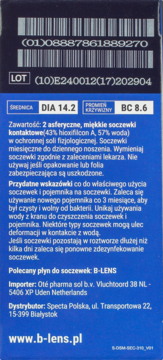 Tył niebieskiego opakowania miesięcznych soczewek B-lens Bio, z kodami kreskowymi i opisem użytkowania.