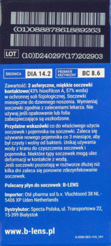 Tył niebieskiego opakowania miesięcznych soczewek kontaktowych B-lens z danymi technicznymi.