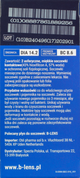 Tył ciemnego opakowania soczewek B-lens Bio z danymi DIA/BC, kodem kreskowym, oraz instrukcjami użycia po polsku.