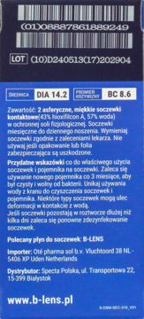 Tył opakowania miesięcznych soczewek B-lens Bio, niebieskie pudełko z detalami produktu, kodem kreskowym i składem.