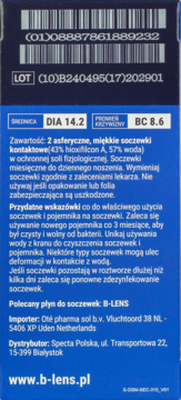 Tył niebieskiego opakowania miesięcznych soczewek kontaktowych B-lens Bio z opisem i kodami produktu.