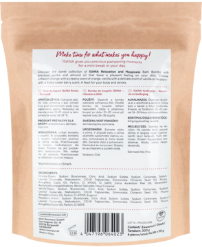 Tył brązowej saszetki Isana, zestaw kul do kąpieli. Biała etykieta z opisem i składem produktu.