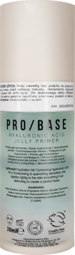 PRO/BASE Hyaluronic Acid Jelly Primer w białej butelce z miętowo-zieloną etykietą, ujęcie z przodu.