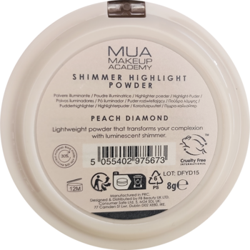 Tył okrągłego rozświetlacza MUA Shimmer Highlight Powder Peach Diamond, widoczne etykiety, kod kreskowy 8g.