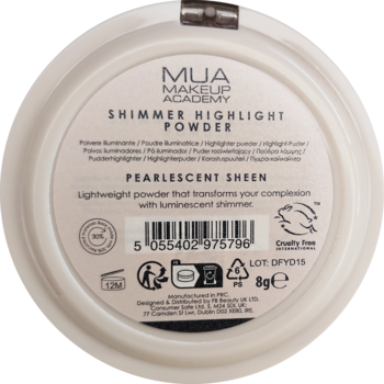 Tył okrągłego rozświetlacza MUA Pearlescent Sheen, z nazwą Shimmer Highlight Powder i informacjami.