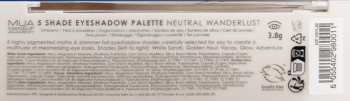 Tylna strona opakowania palety cieni MUA 5 Shade Eyeshadow Palette Neutral Wanderlust z listą składników.