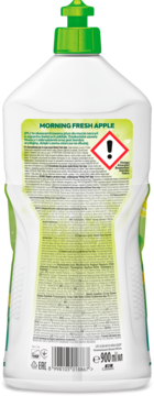 Tył butelki płynu do naczyń Morning Fresh Apple 900 ml. Białe opakowanie z zieloną nakrętką i etykietą ostrzegawczą.